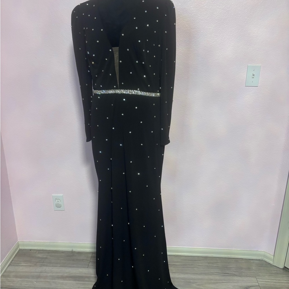 Black Long Sleeve Evening Gown with Rhinestone Waist